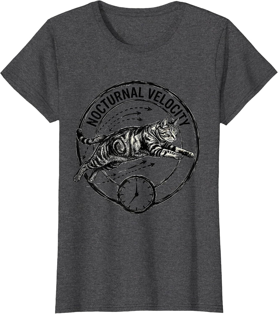 Women's Nocturnal Velocity Funny Cat Physics Humor Gift T-Shirt - Dark Heather Grey