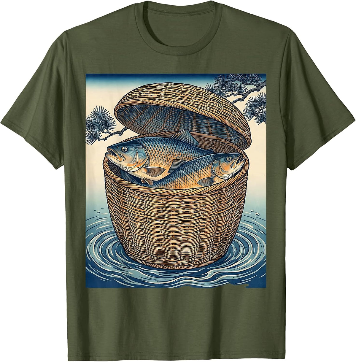 Fishing Creel Basket with Trout Illustration T-Shirt - Olive Green