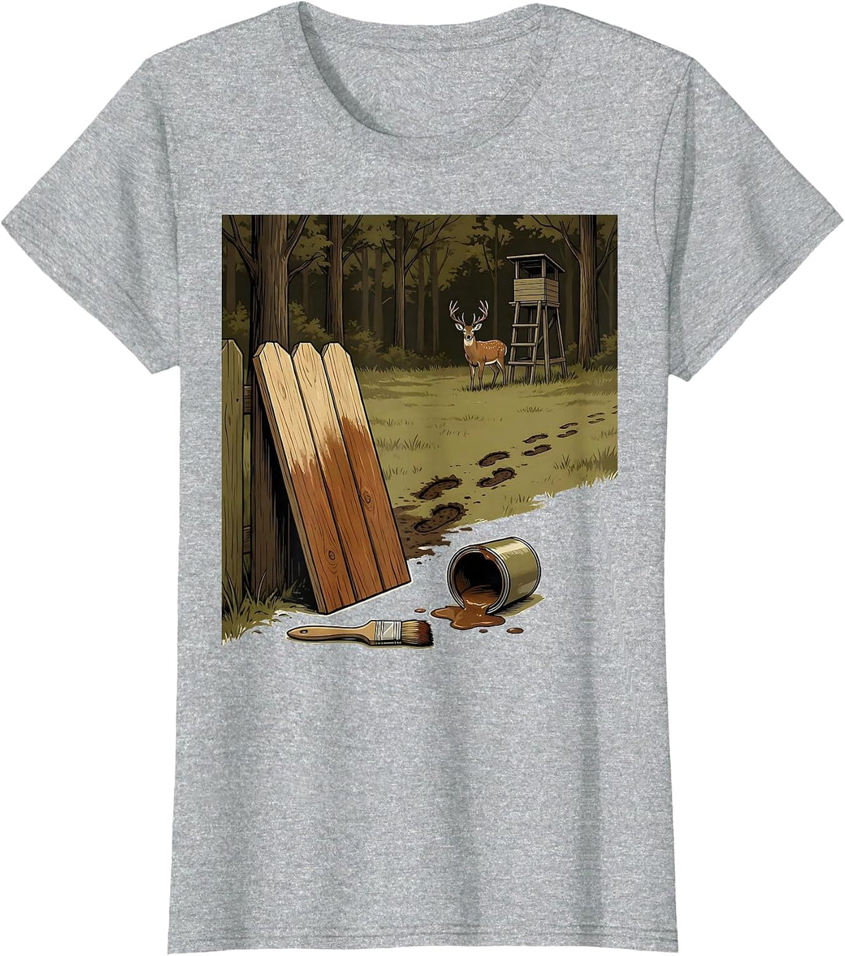 Women's Half-Painted Fence Board Deer Hunting Dad Humor T-Shirt - Heather Grey