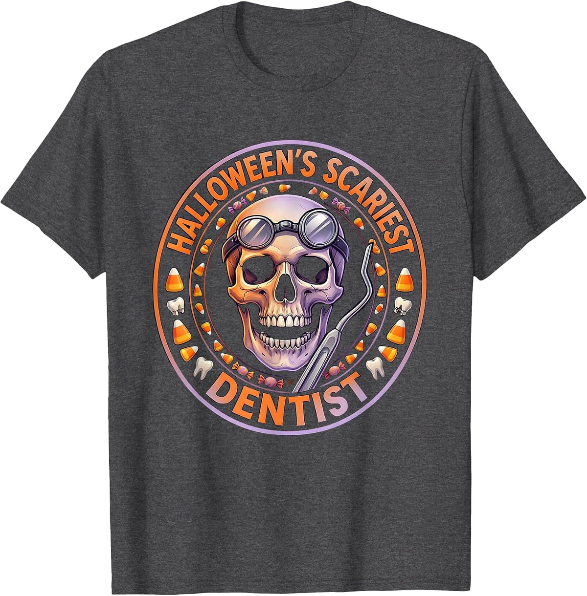 Men's Halloween's Scariest Dentist Dental Horror Design T-Shirt - Dark Heather Grey