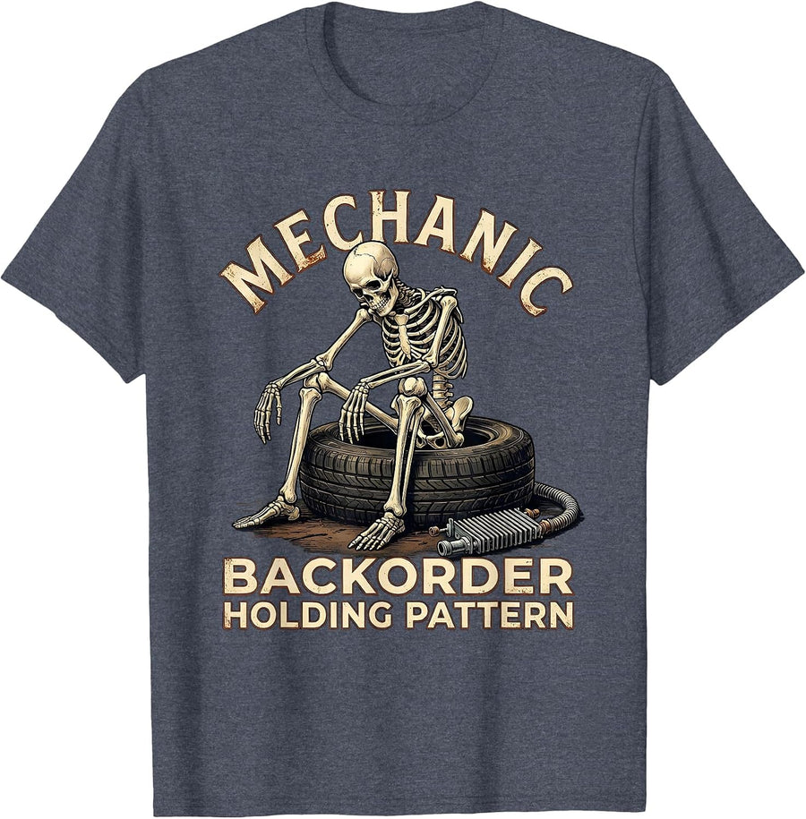 Mechanic Backorder Holding Pattern Vintage Auto Repair Humor T-Shirt - Heather Blue