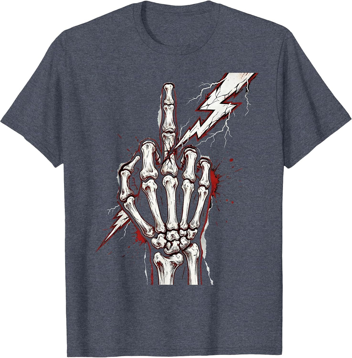 Skeleton Hand Middle Finger Lightning Bolt Graphic T-Shirt - Heather Blue
