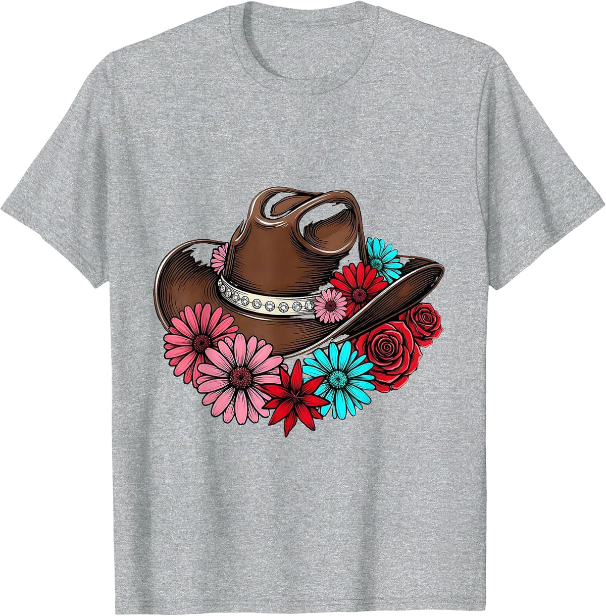 Men's Cowgirl Hat Wildflowers Boho Western Floral Design T-Shirt - Heather Grey