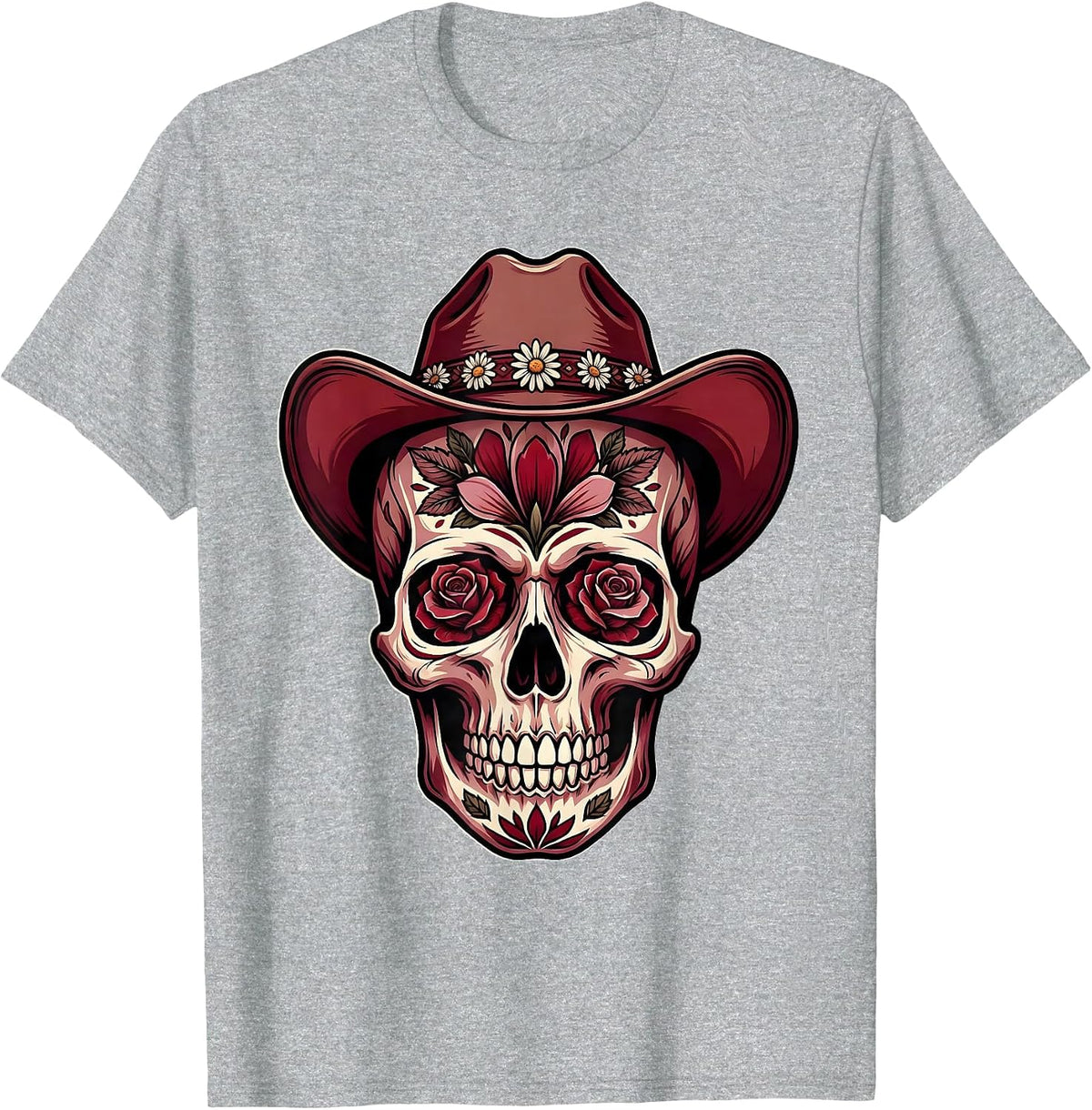 Men's Floral Skull Cowboy Hat Western Graphic Design T-Shirt - Heather Grey