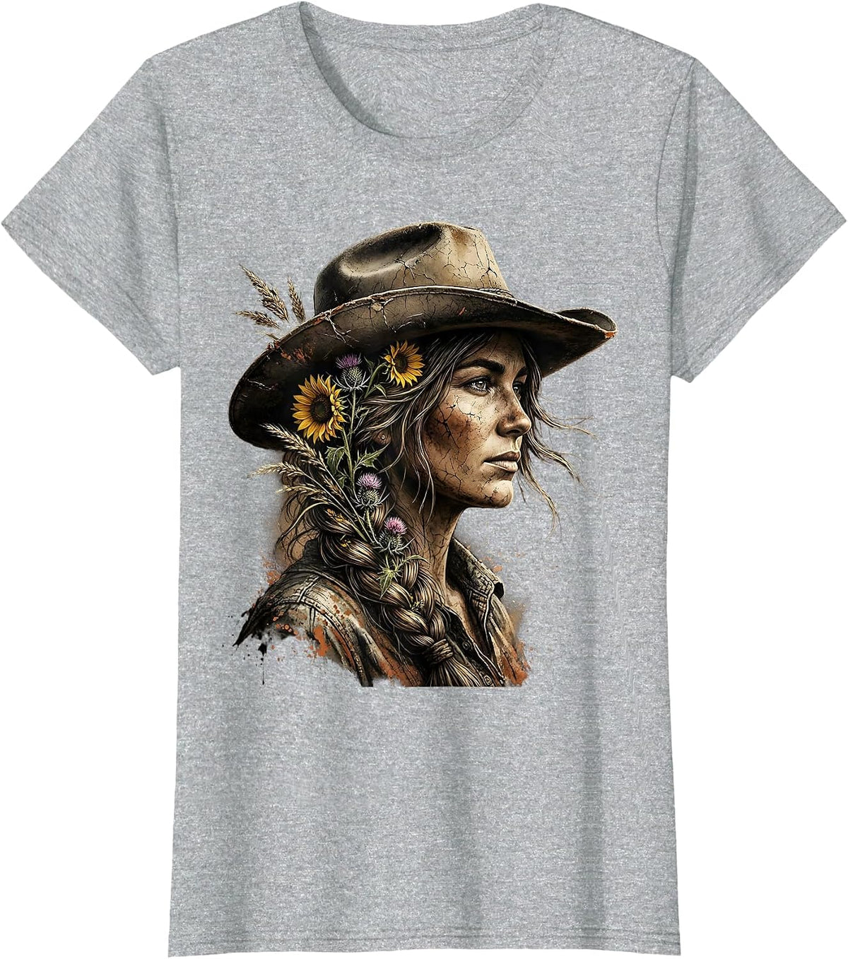 Prairie Wildflower Braid Western Boho Illustration T-Shirt - Heather Grey