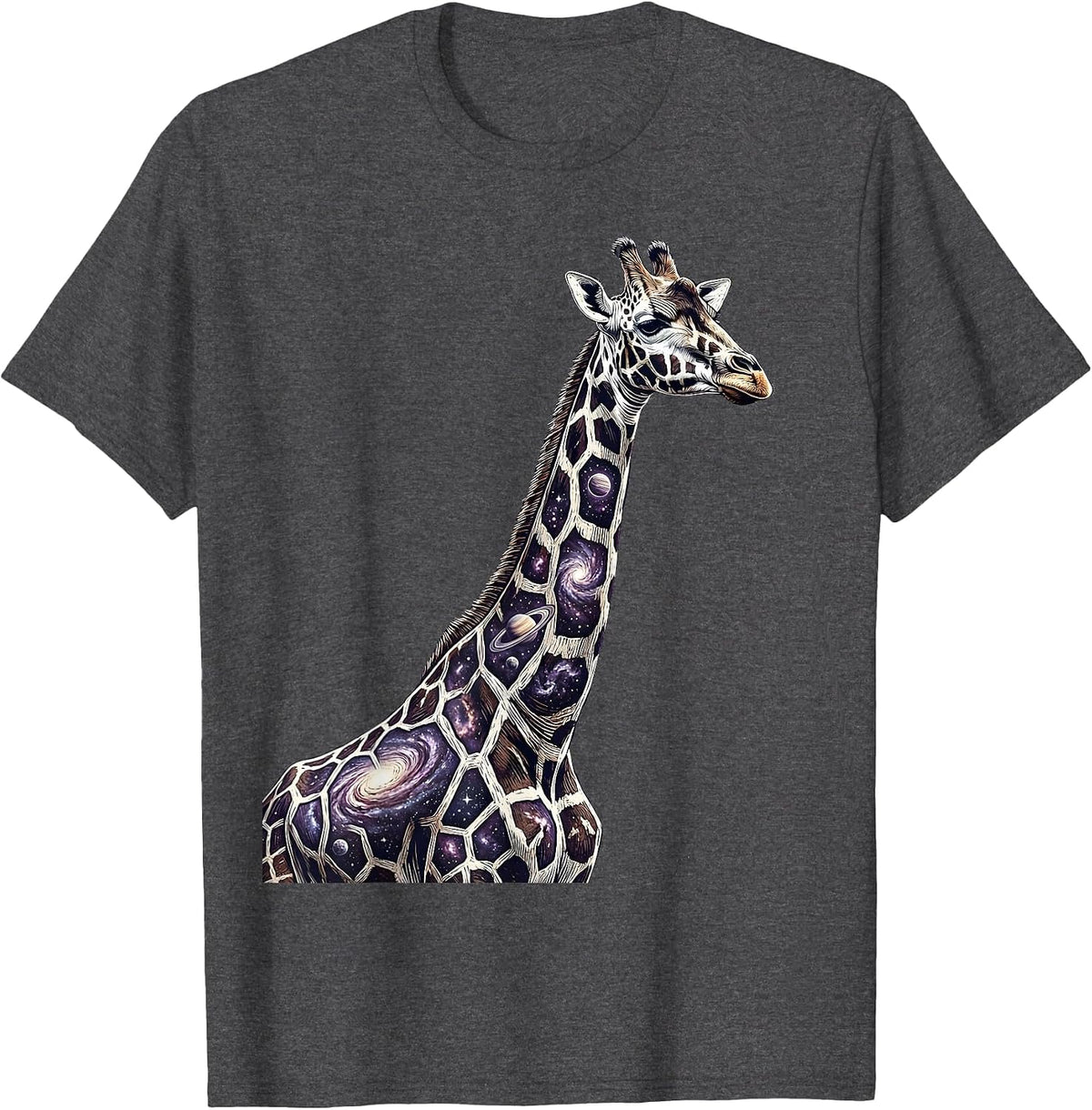 Men's Cosmic Giraffe Galaxy Spot Wildlife Art Design T-Shirt - Dark Heather Grey
