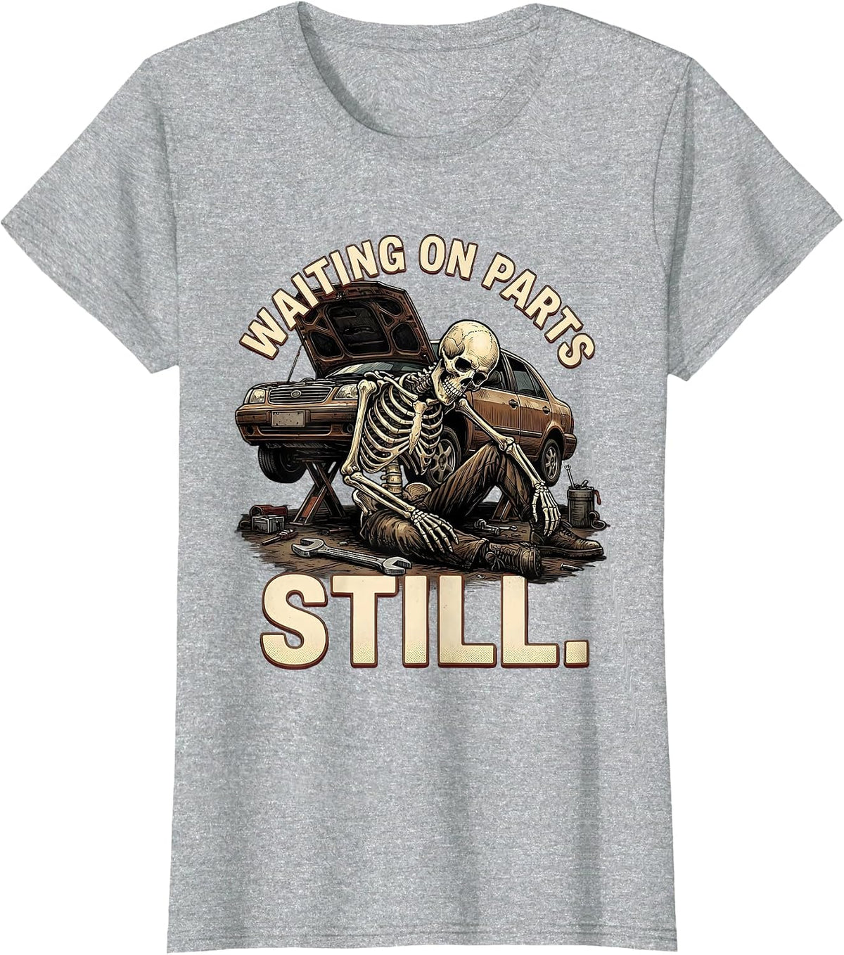 Waiting On Parts Still Funny Mechanic Skeleton Auto Repair T-Shirt - Heather Grey