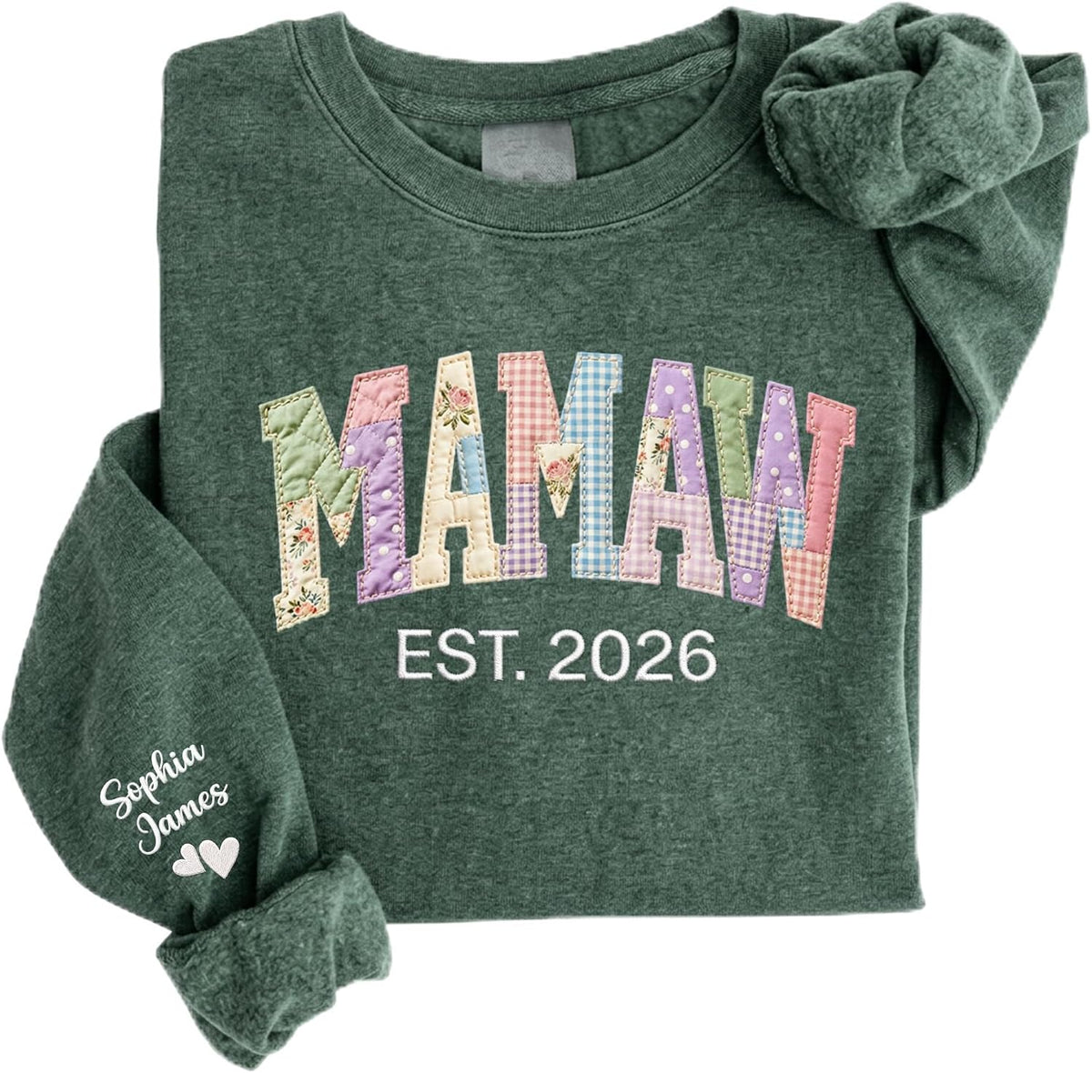 DILYPOD Personalized Embroidered Patchwork Floral Mama Sweatshirt, Custom Grandma Shirt with Kid Name, Mothers Day Shirt