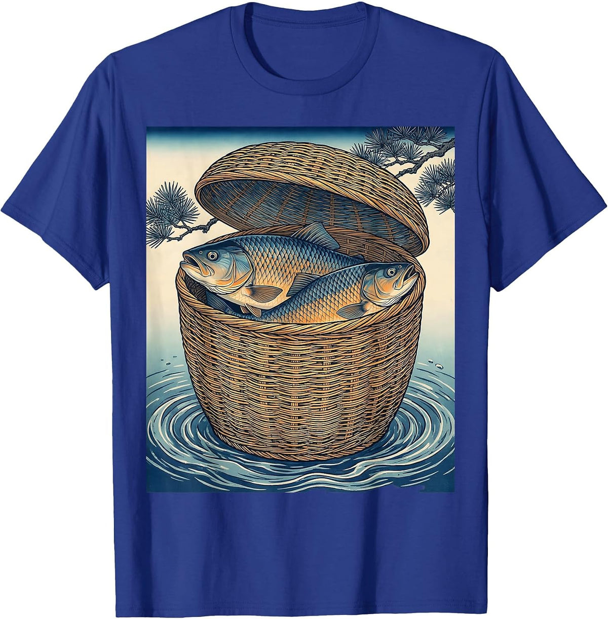 Fishing Creel Basket with Trout Illustration T-Shirt - Royal Blue