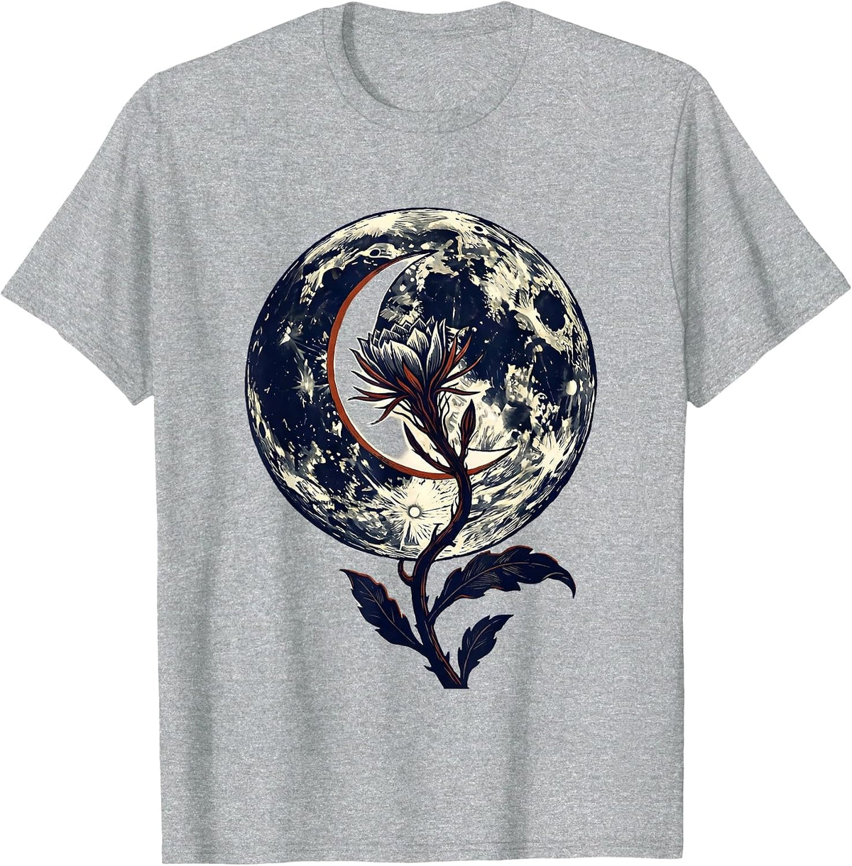 Men's Lunar Crescent Night-Blooming Stem Linocut Boho Celestial T-Shirt - Heather Grey