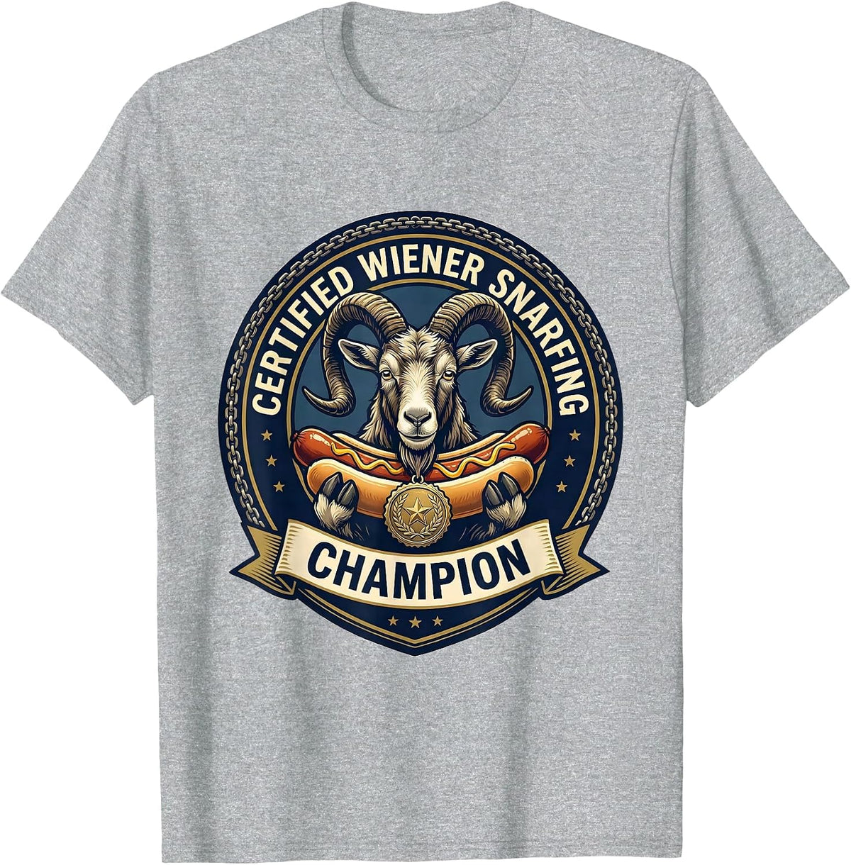 Men's Certified Wiener Snarfing Champion Funny Goat Offensive T-Shirt - Heather Grey