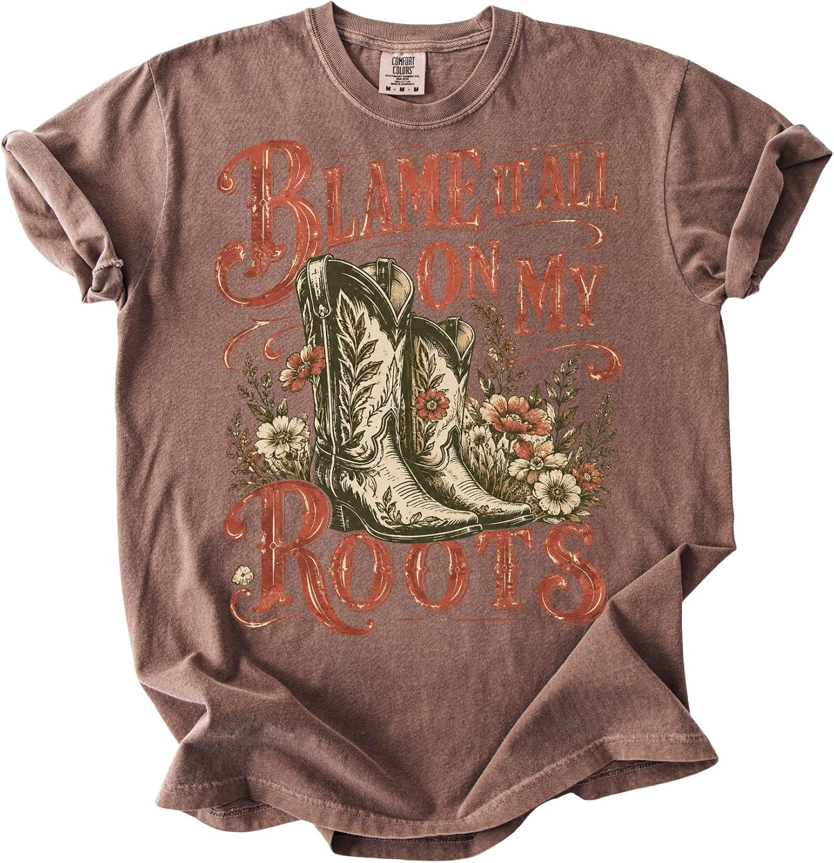 Western Roots Cowboy Boots Floral Graphic T-Shirt Vintage Country Style Tee for Women - Espresso