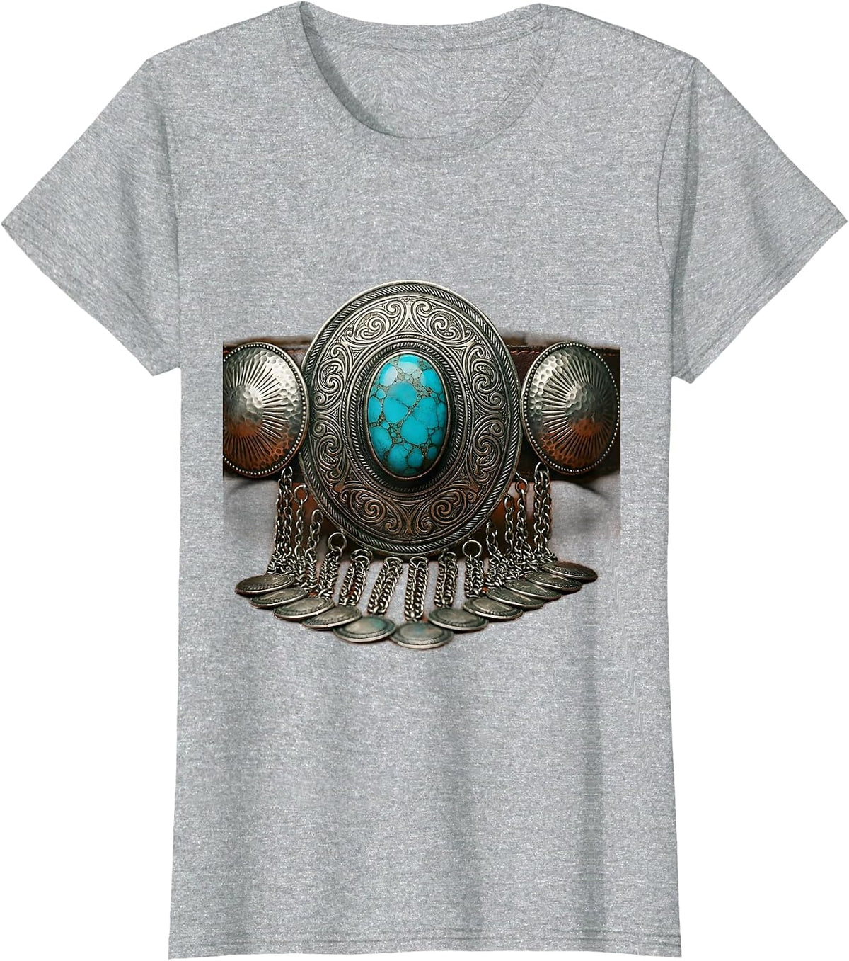 Women's Turquoise Silver Concho Belt Buckle Western Art T-Shirt - Heather Grey