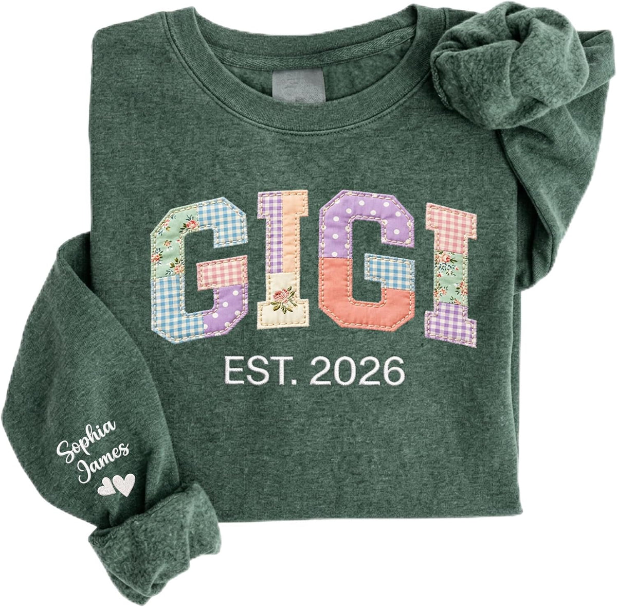 DILYPOD Personalized Embroidered Patchwork Floral Mama Sweatshirt, Custom Grandma Shirt with Kid Name, Mothers Day Shirt