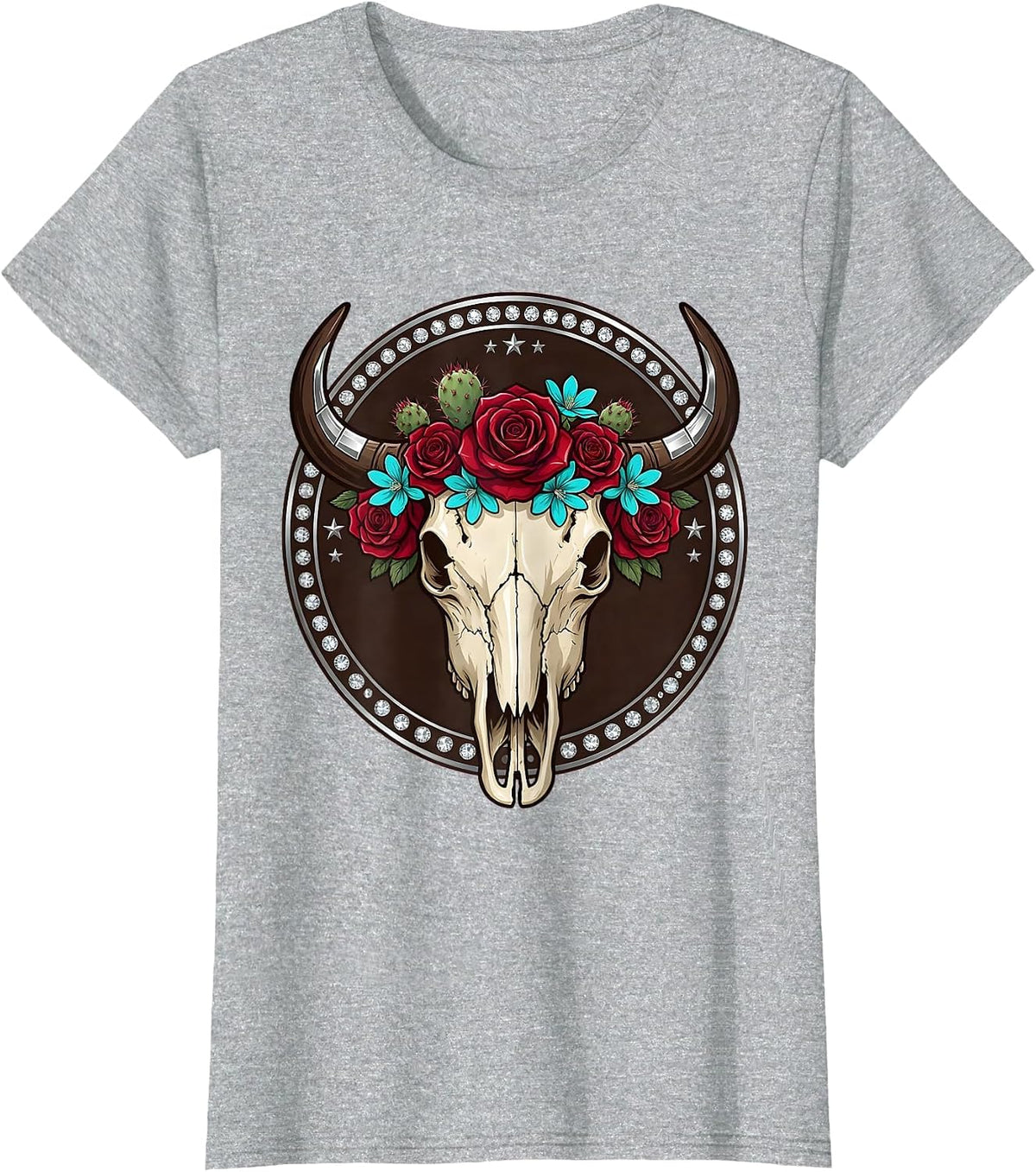 Women's Buffalo Skull Desert Flowers Western Boho Graphic T-Shirt - Heather Grey