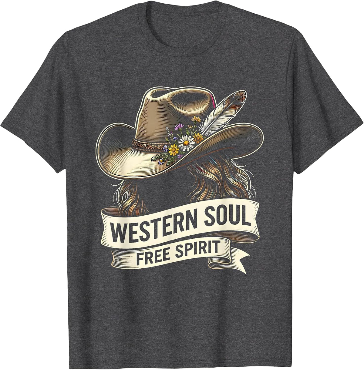 Western Soul Free Spirit Women's Boho Design T-Shirt - Dark Heather Grey