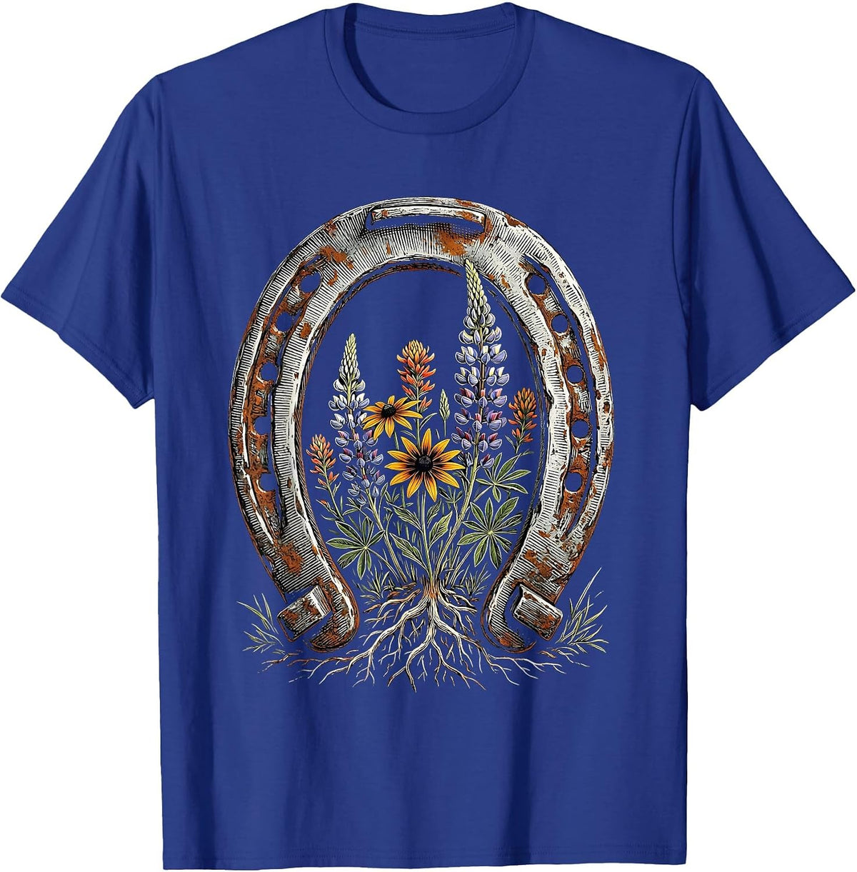 Men's Wildflower Horseshoe Western Boho Graphic T-Shirt - Royal Blue