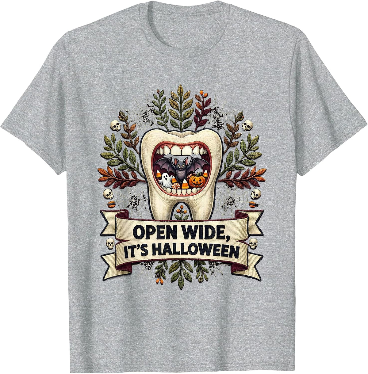Men's Open Wide It's Halloween Dental Spooky Design T-Shirt - Heather Grey