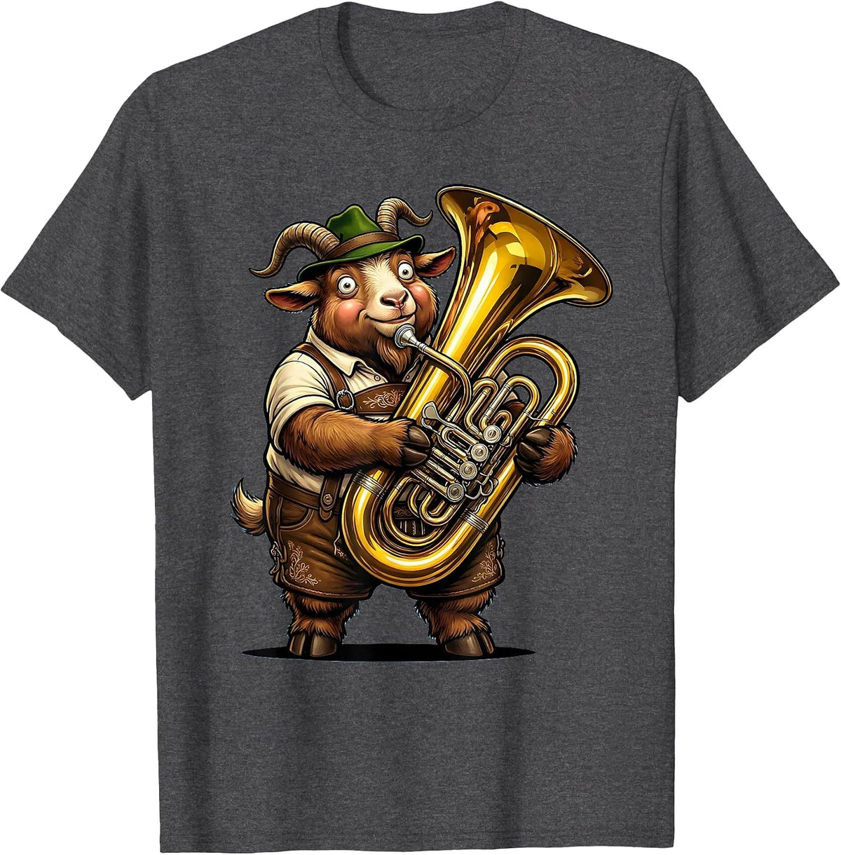 Men's Funny Oktoberfest Goat in Lederhosen Playing Tuba T-Shirt - Dark Heather Grey