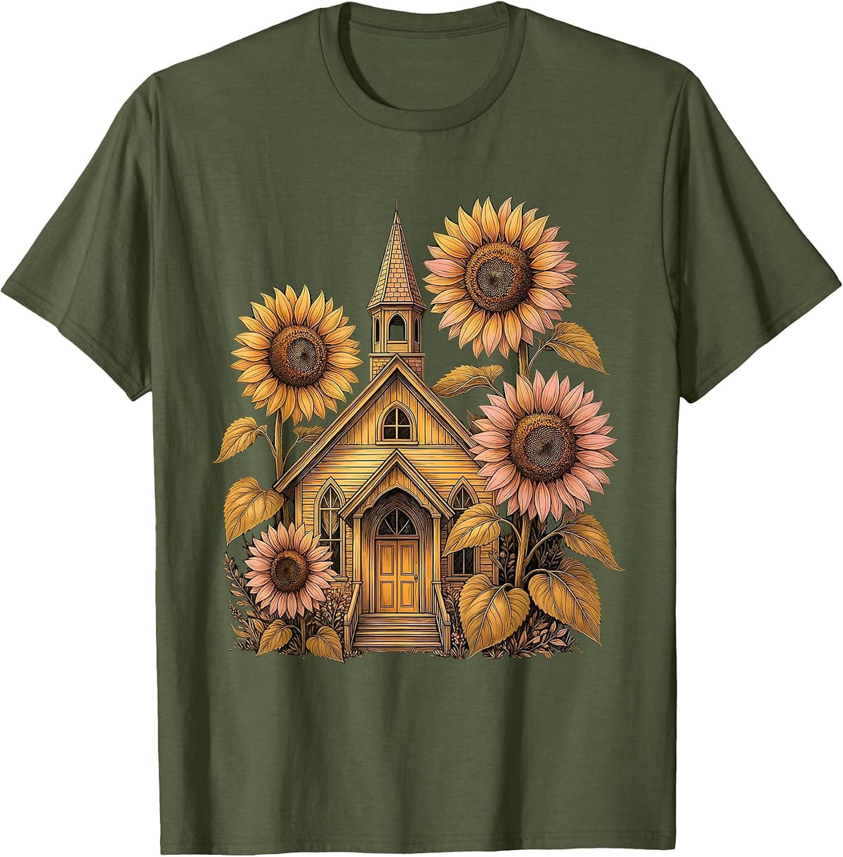 Second Grade Teacher Schoolhouse Sunflower Design T-Shirt - Olive Green