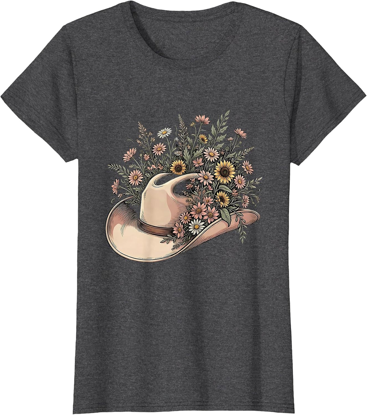 Women's Cowgirl Hat Wildflowers Western Floral Illustration T-Shirt - Dark Heather Grey