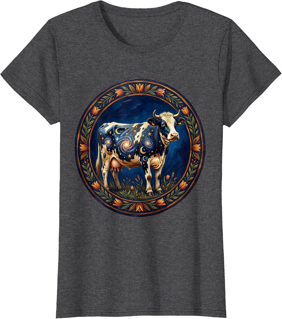 Women's Cosmic Cow Galaxy Pattern Illustration T-Shirt - Dark Heather Grey