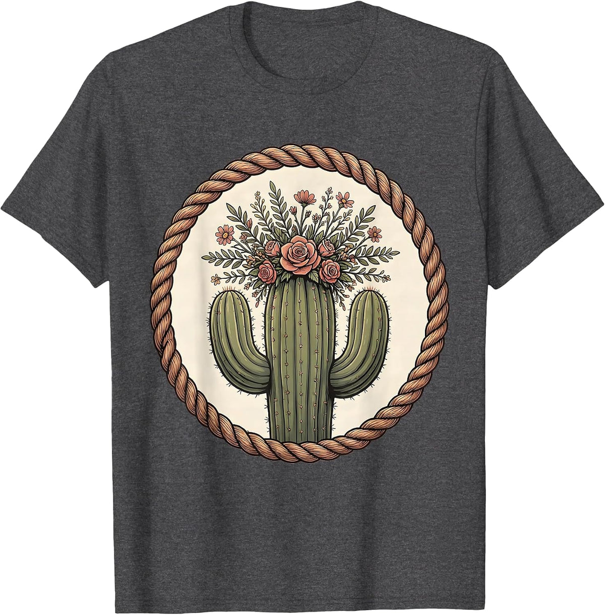 Floral Crown Cactus Western Desert Design T-Shirt - Dark Heather Grey