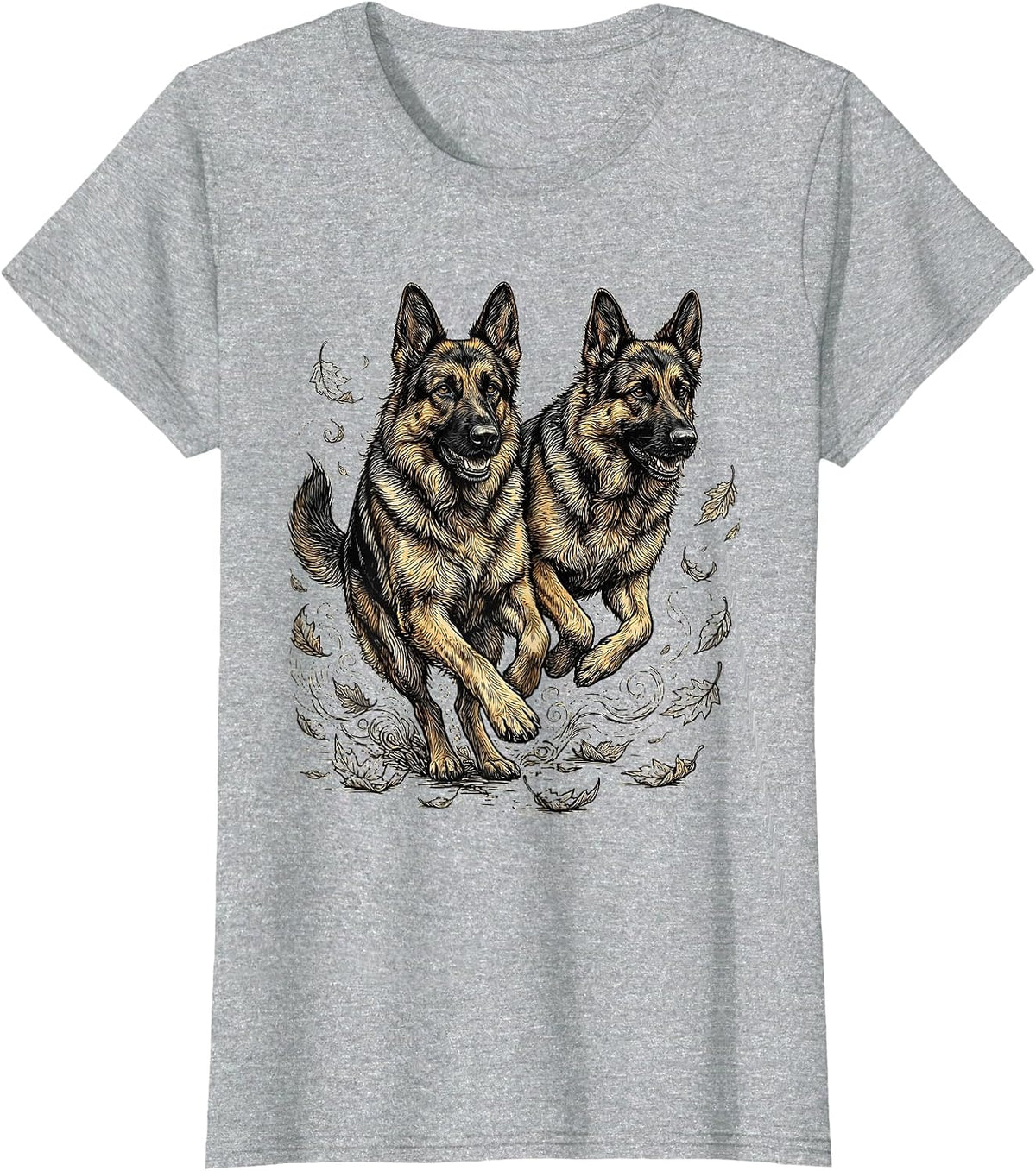 Two German Shepherds Running Through Autumn Leaves T-Shirt - Heather Grey