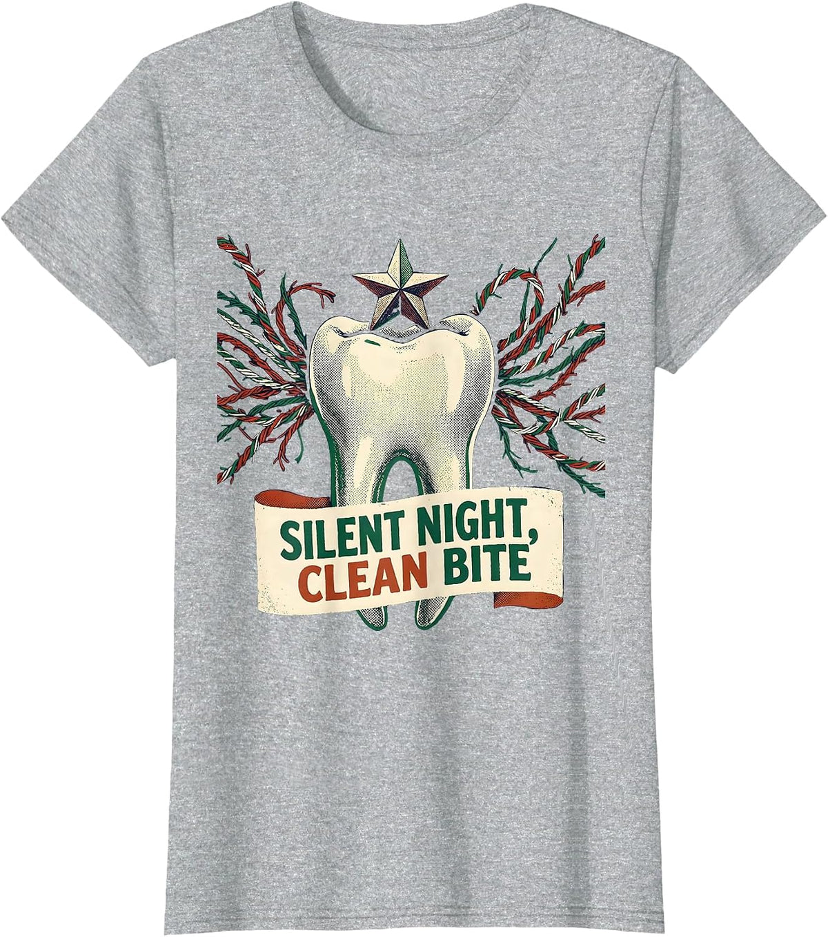 Silent Night, Clean Bite Vintage Dental Christmas Dentist T-Shirt - Heather Grey