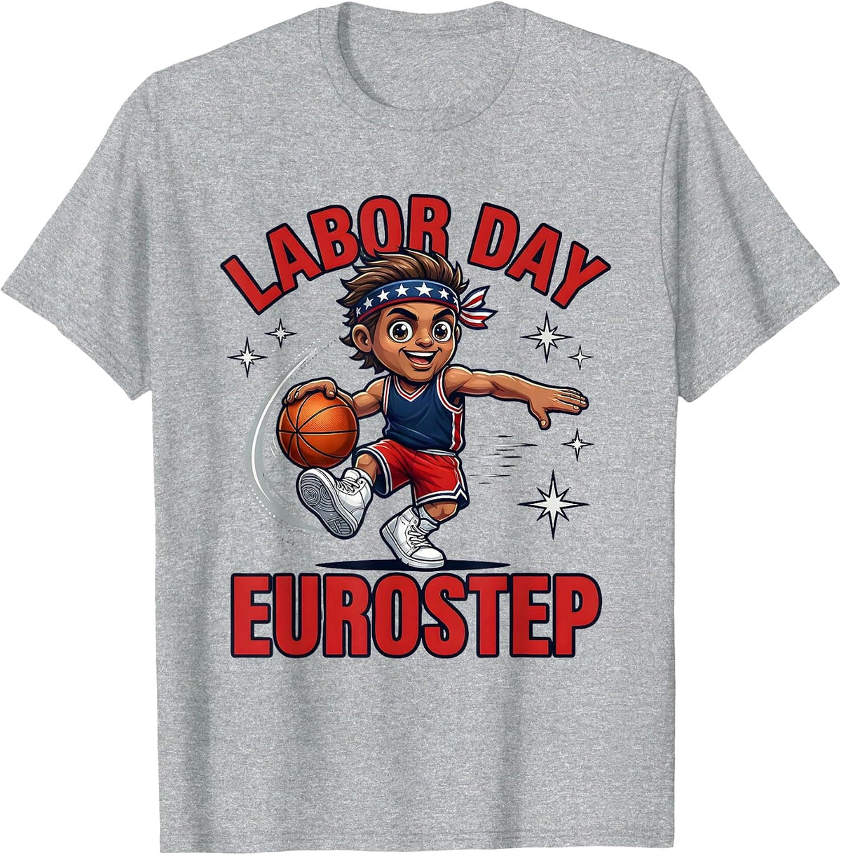 Men's LABOR DAY EUROSTEP Cartoon Basketball Player Patriotic T-Shirt - Heather Grey