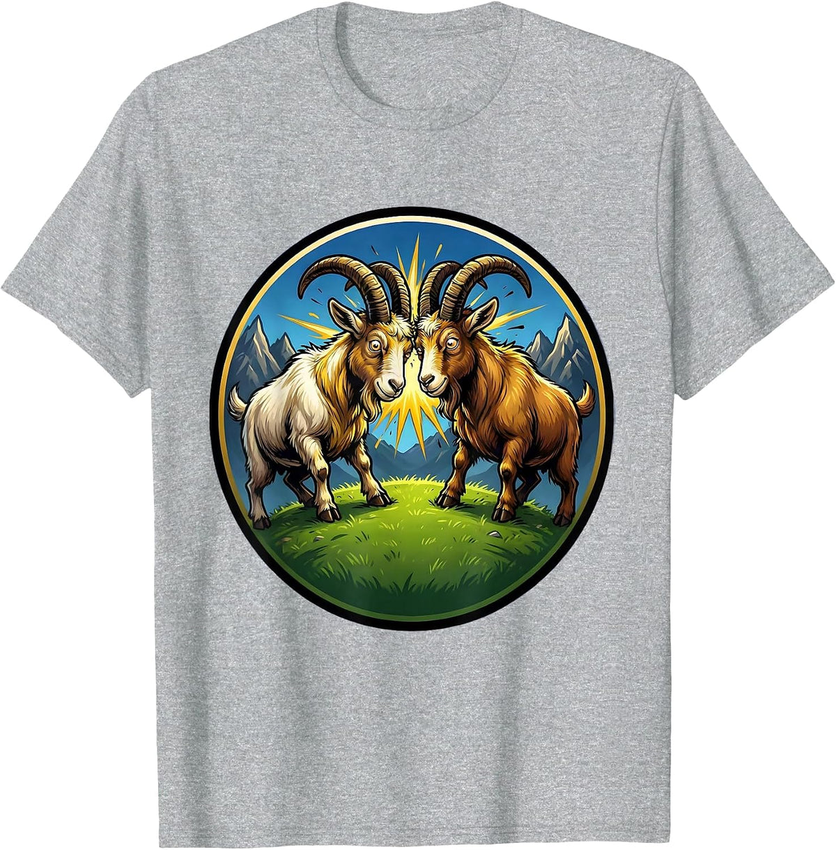 Men's Dueling Goats Locking Horns on a Hilltop T-Shirt - Heather Grey