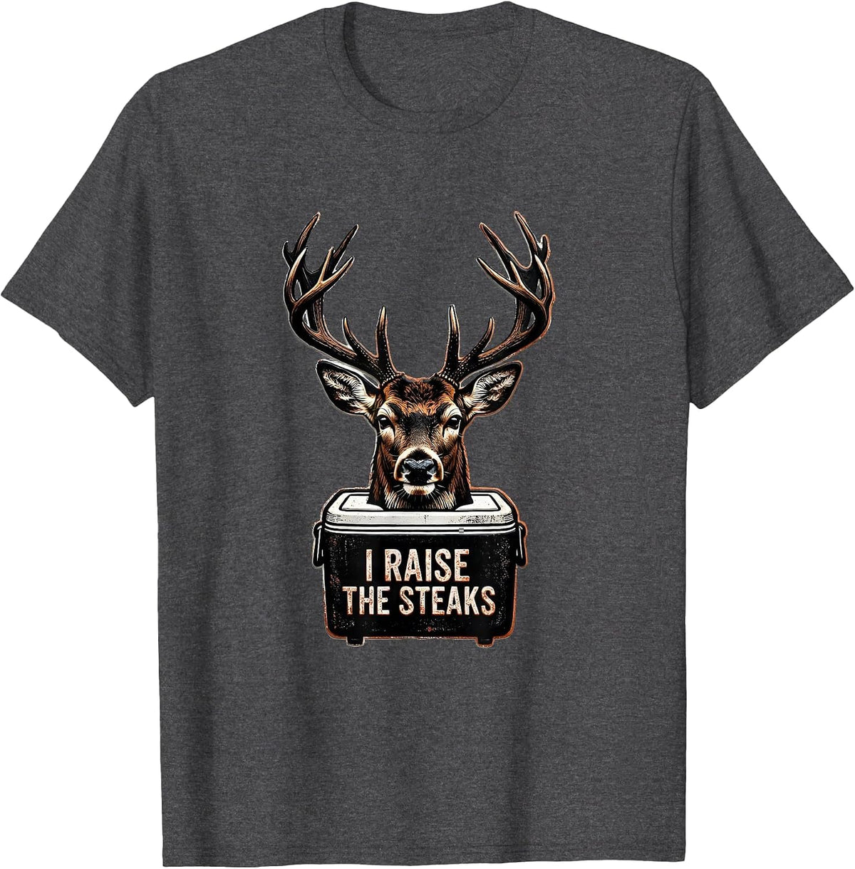 I Raise The Steaks Funny Deer Hunting Dad Humor Camo Gift T-Shirt - Dark Heather Grey
