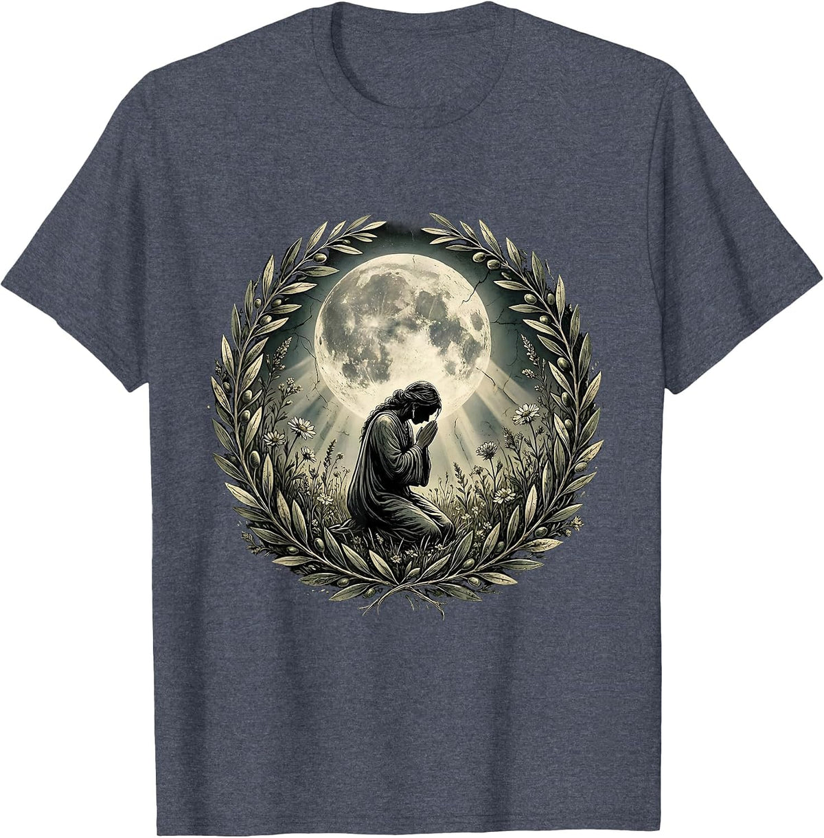 Jesus Kneeling in Moonlit Garden Illustration T-Shirt - Heather Blue