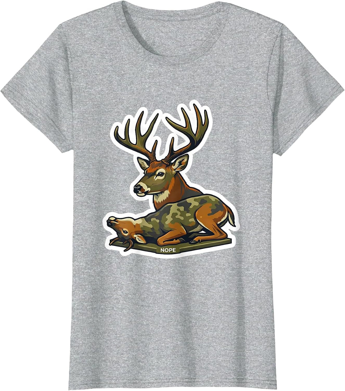 Nope Funny Camo Deer Hunting Buck Humor Sticker T-Shirt - Heather Grey