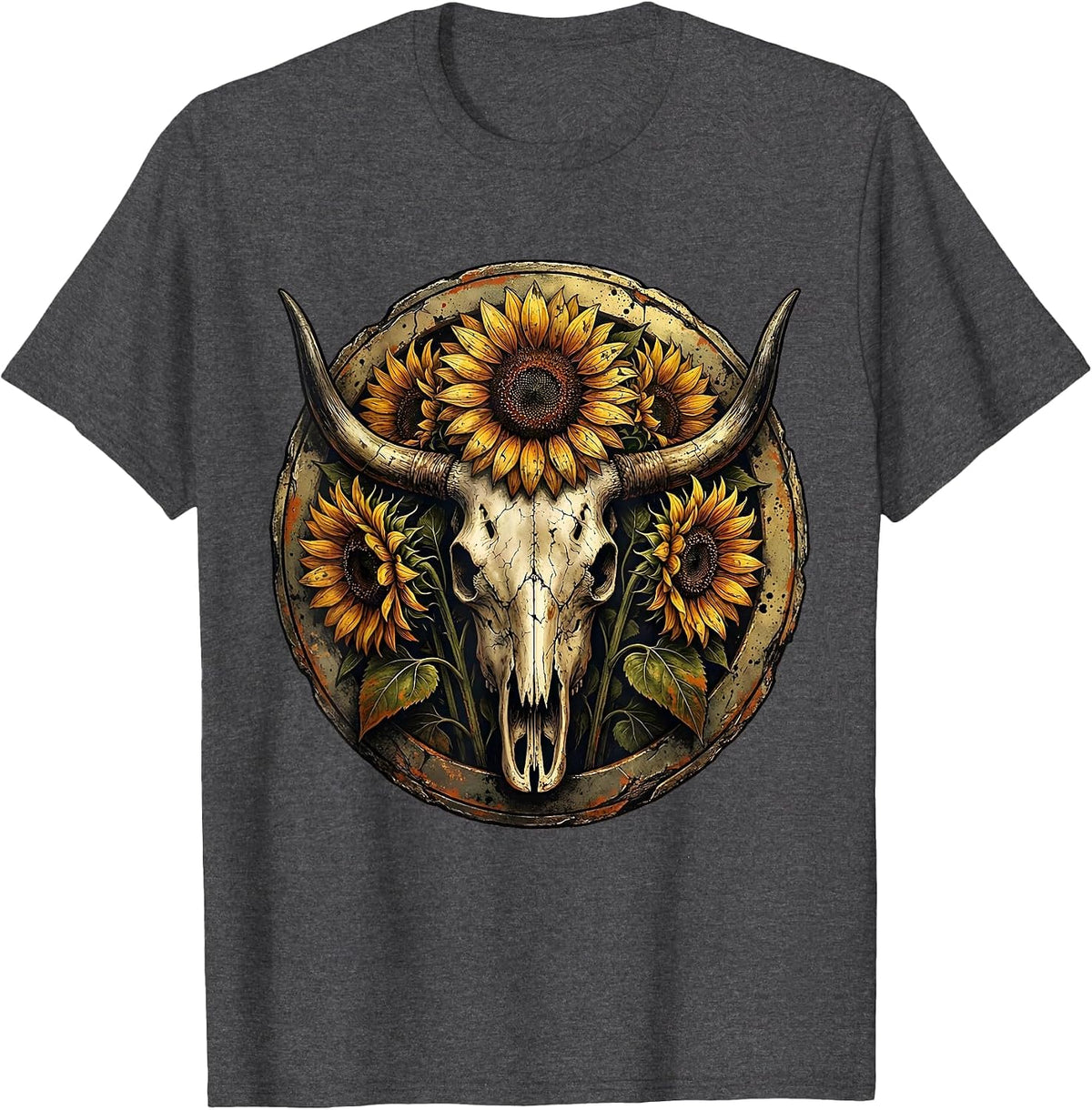 Men's Sunflower Cow Skull Western Boho Graphic T-Shirt - Dark Heather Grey