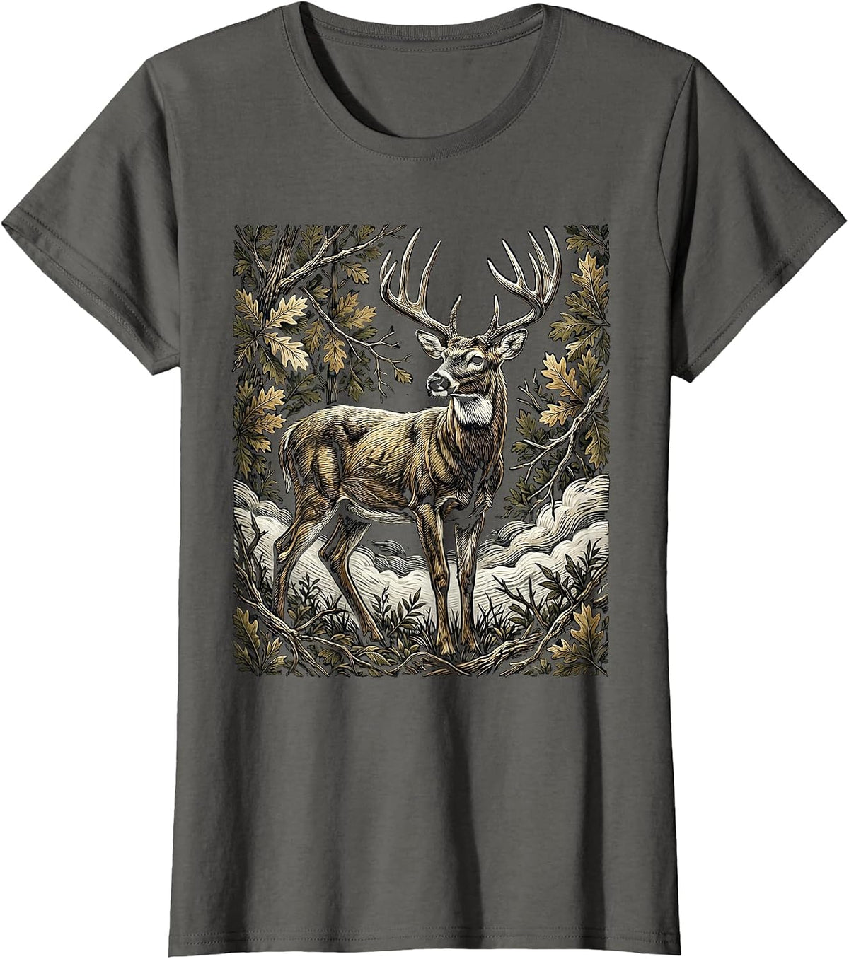 Women's Deer Buck Camouflage Fog Hunting Graphic T-Shirt - Asphalt Grey