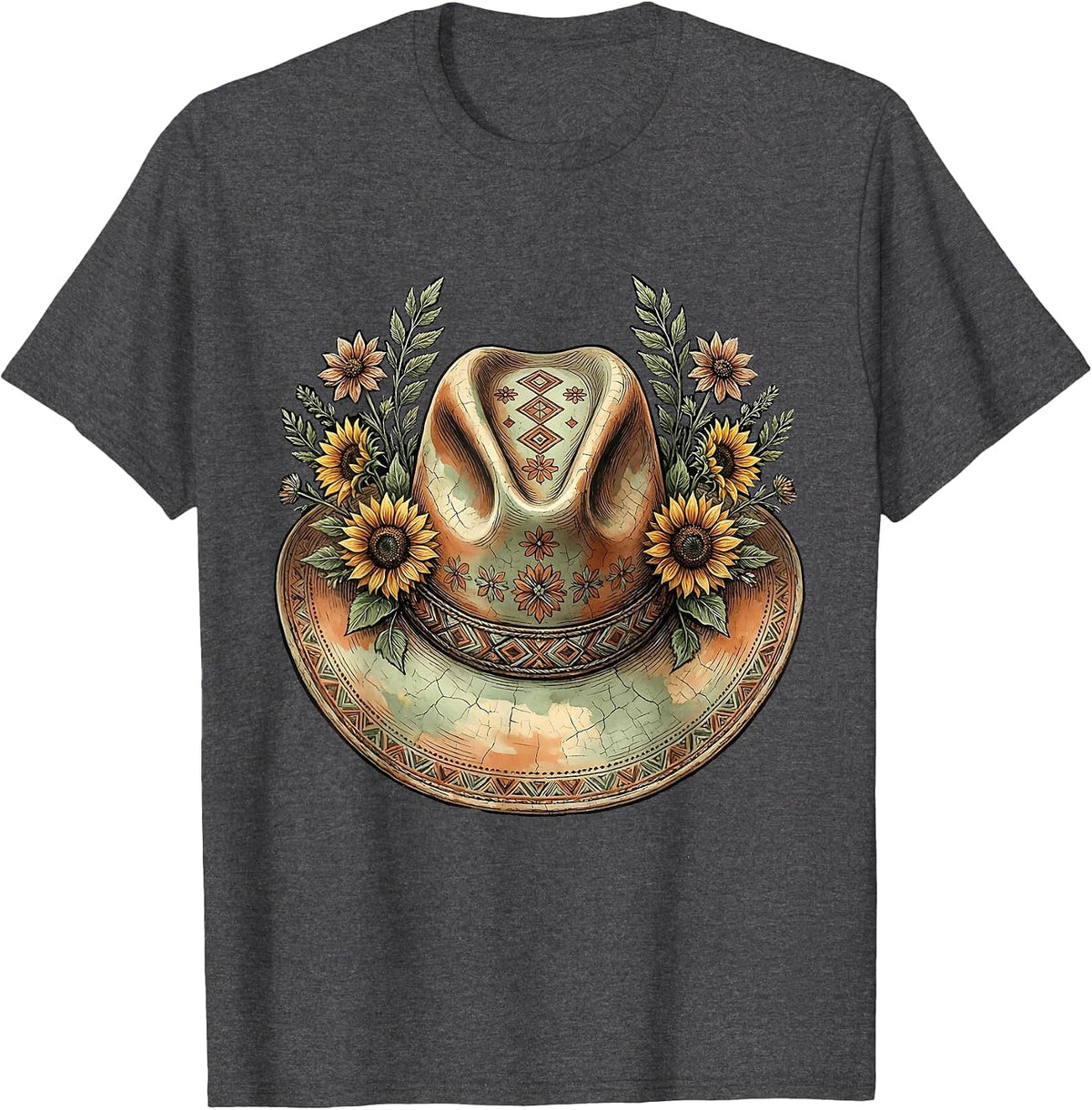 Cowboy Hat Wildflowers Western Boho Illustration T-Shirt - Dark Heather Grey