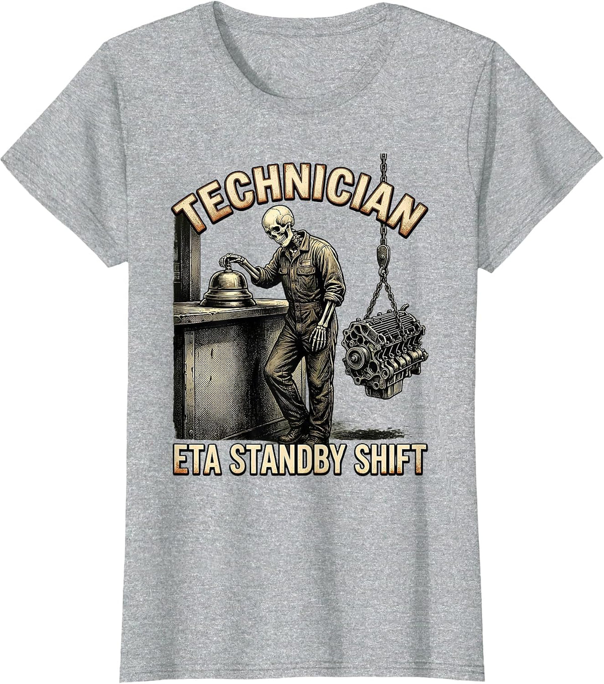 Women's Technician, ETA Standby Shift Funny Mechanic Skeleton Auto T-Shirt - Heather Grey