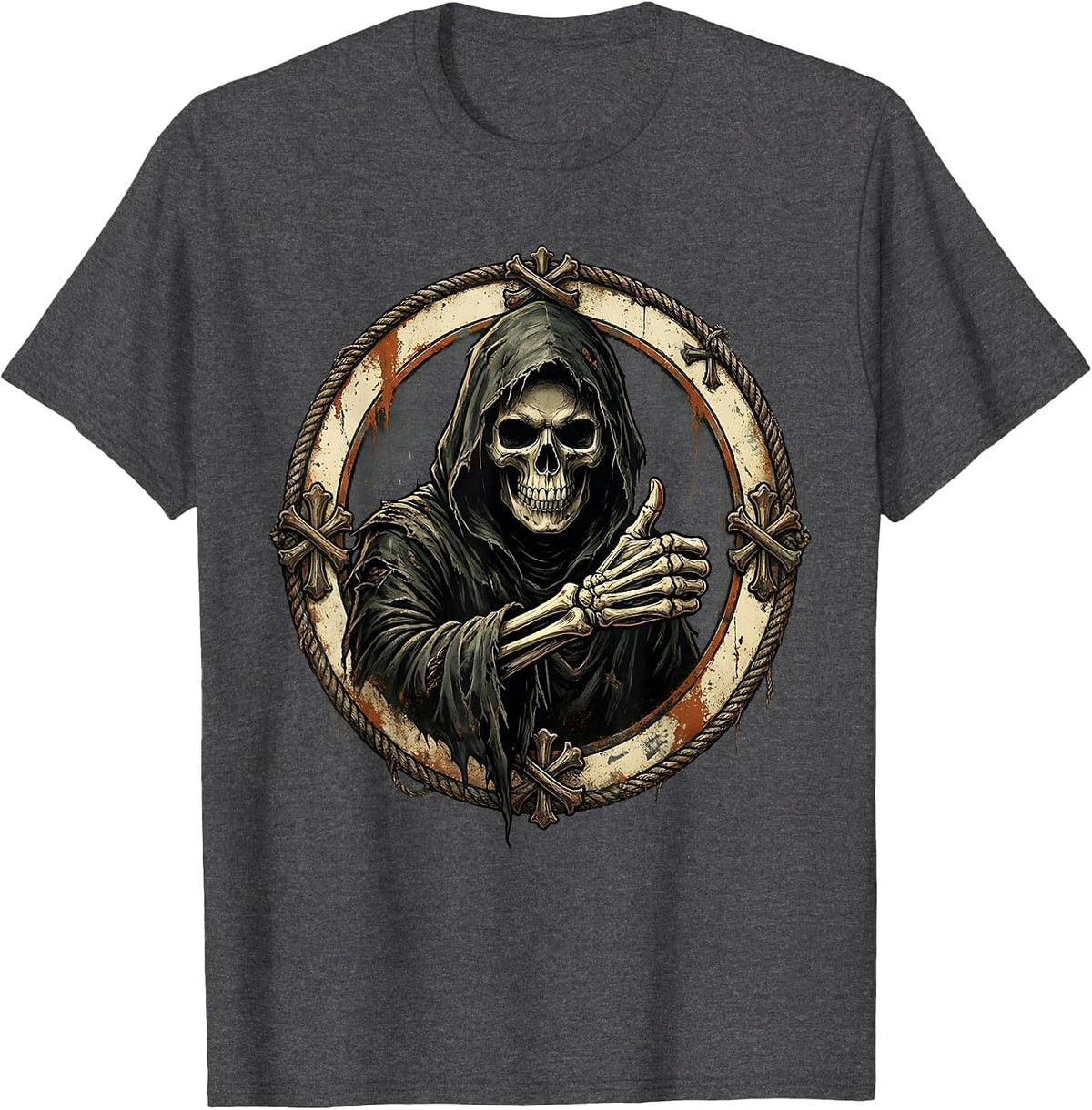 Grim Reaper Thumbs Up Dark Humor Graphic T-Shirt - Dark Heather Grey