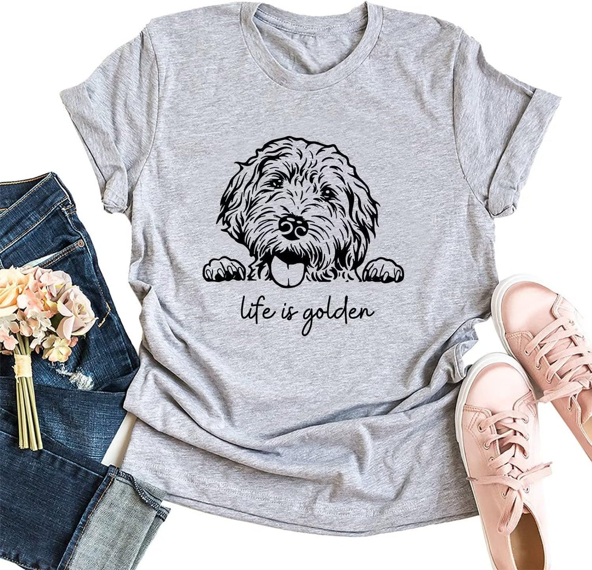 HONTOUTE Women's Life is Golden T-Shirt Goldendoodle Doodle Retriever Puppy Dog Pets Owners Graphic Tee Tops Blouse - Grey