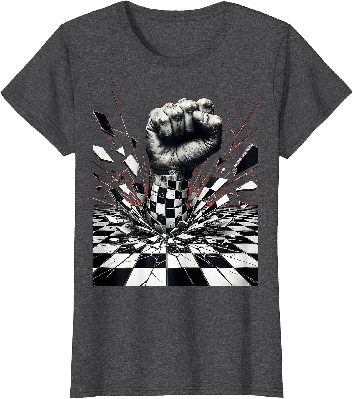 Women's Fist Through Checkered Tile Graphic Design T-Shirt - Dark Heather Grey