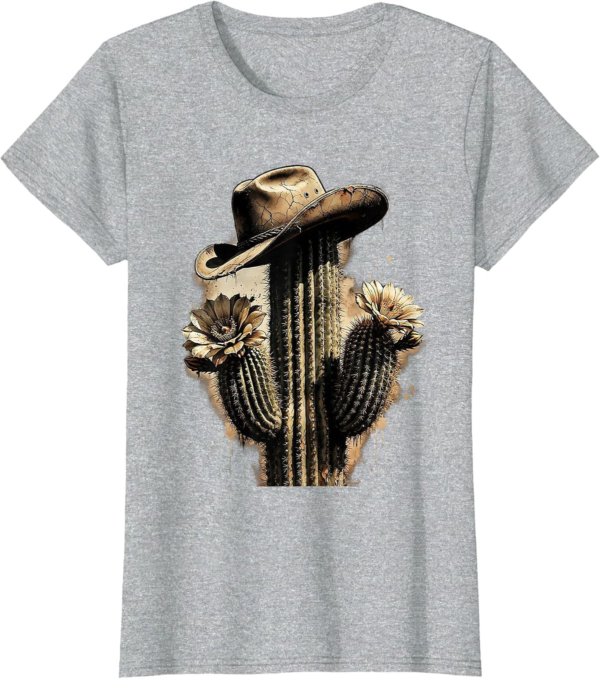 Cowgirl Hat Blooming Cactus Western Illustration T-Shirt - Heather Grey