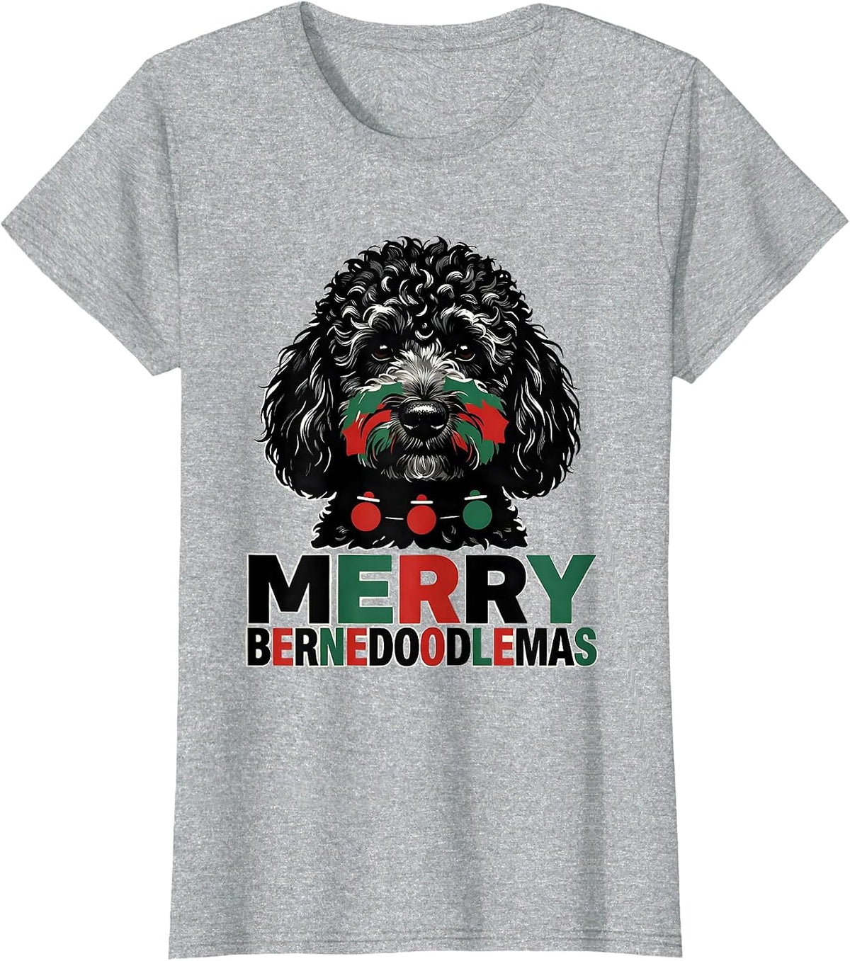Women's Merry Bernedoodlemas Funny Christmas Dog Breed Humor T-Shirt - Heather Grey
