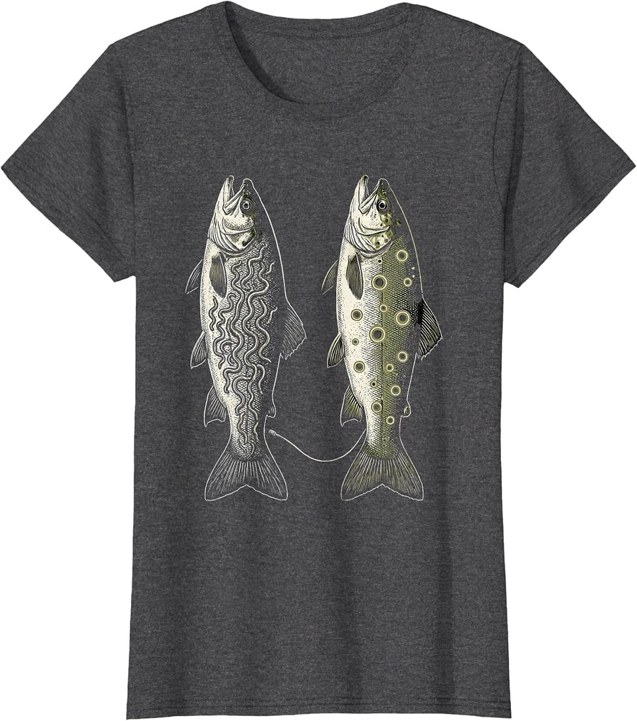 Women's Two Trout Woodcut Engraving Funny Fishing Humor T-Shirt - Dark Heather Grey