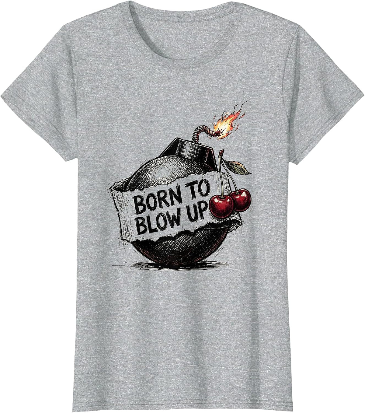 Born to Blow Up Cherry Bomb Graphic Design T-Shirt - Heather Grey