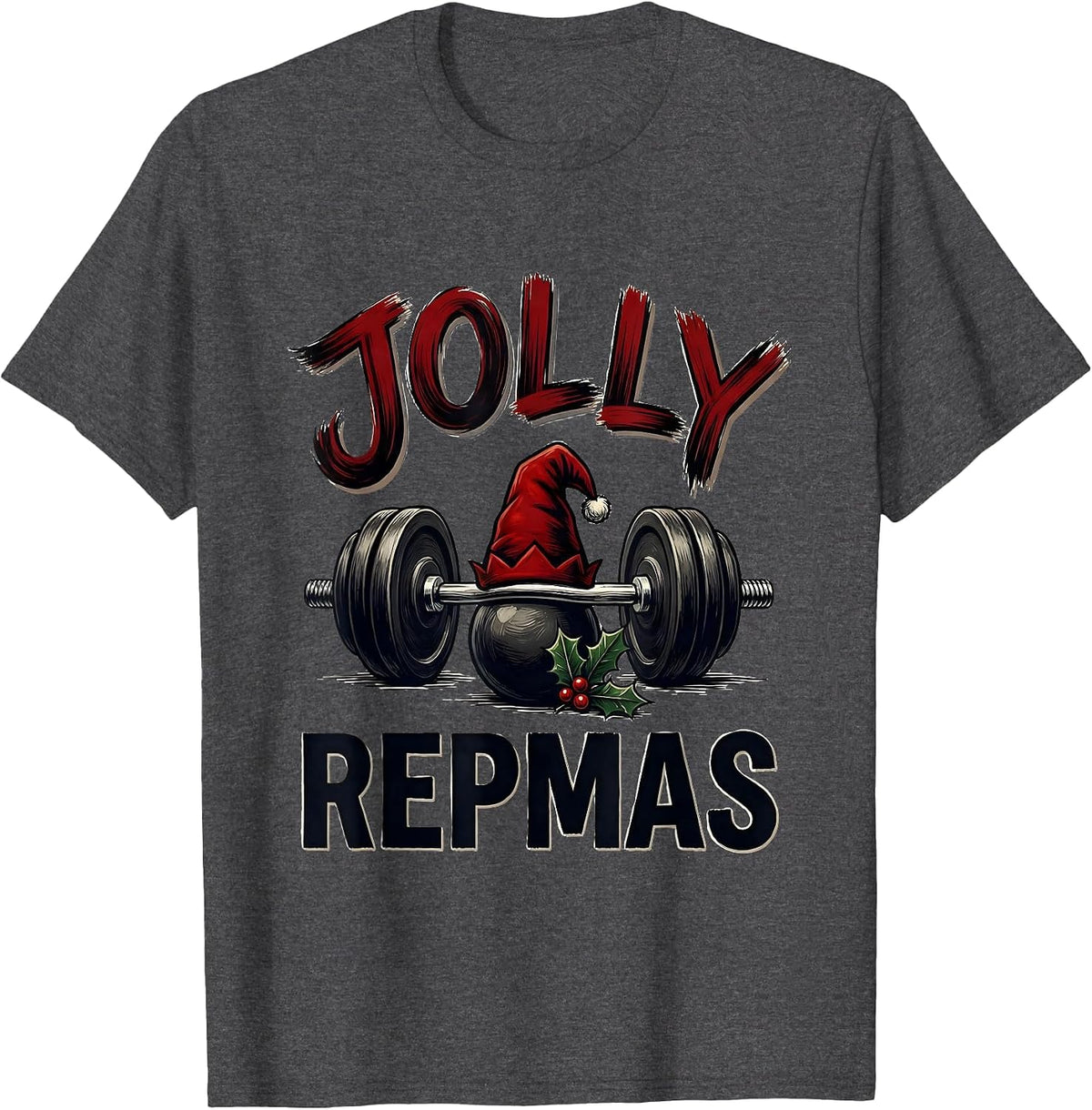 Men's Jolly Repmas Funny Christmas Gym Weightlifting Workout Gift T-Shirt - Dark Heather Grey