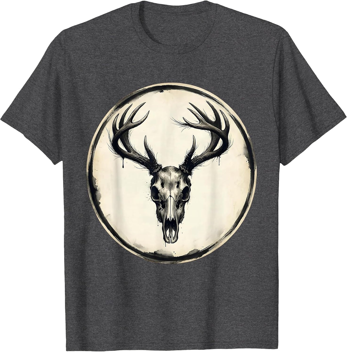 Deer Skull Antler Rack Hunting Graphic T-Shirt - Dark Heather Grey