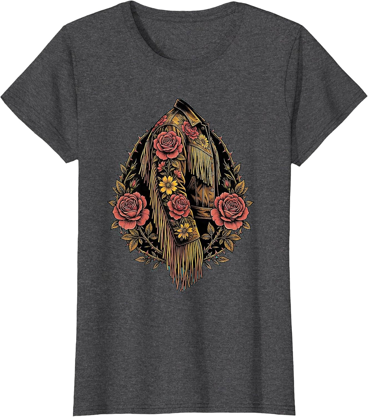 Women's Floral Embroidery Fringe Western Jacket Sleeve T-Shirt - Dark Heather Grey