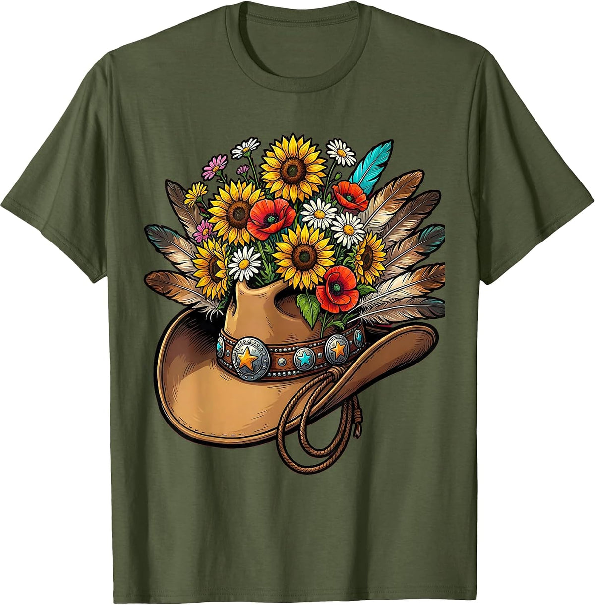 Cowboy Hat Wildflowers Feathers Western Design T-Shirt - Olive Green