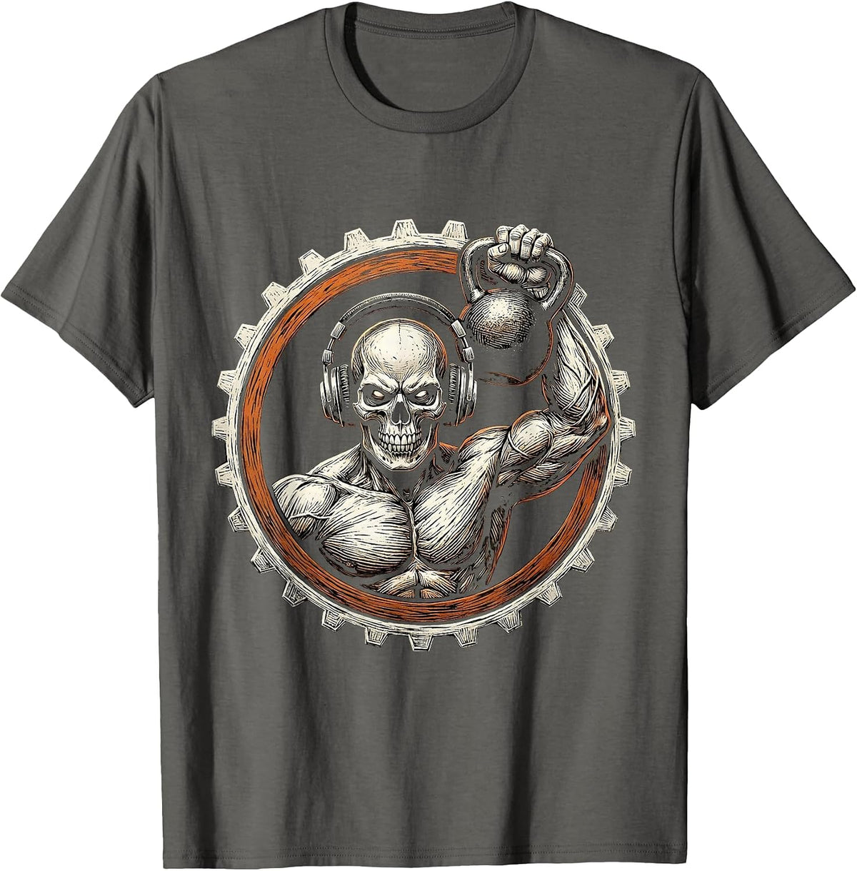 Skull Headphones Kettlebell Workout Graphic T-Shirt - Asphalt Grey